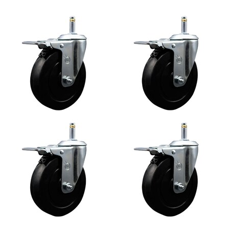 Service Caster 5'' Soft Rubber Wheel Swivel 7/16'' Stem Caster Set with Total Lock Brake, 4PK SCC-GRTTL20S514-SRS-716138-4